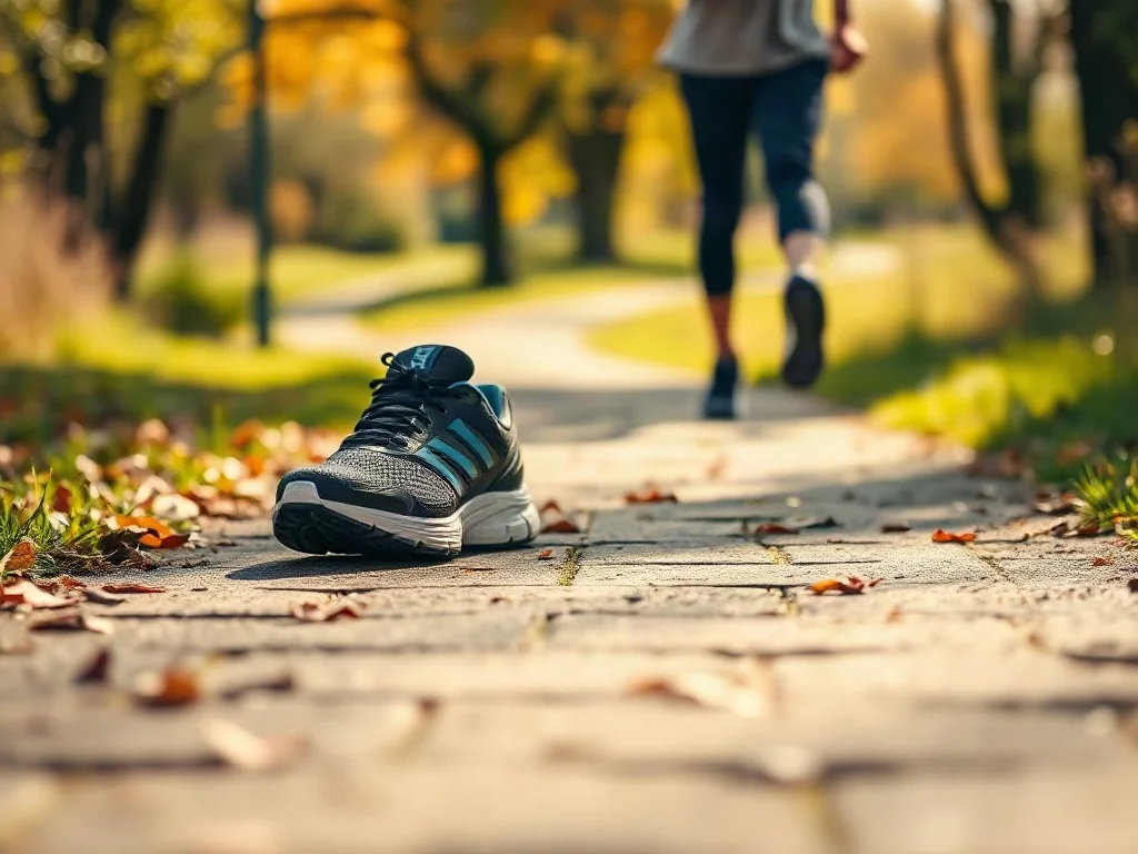 Sportowe buty na ścieżce w parku, w tle biegnący mężczyzna. Ilustracja zachęcająca do aktywności fizycznej i spacerów.